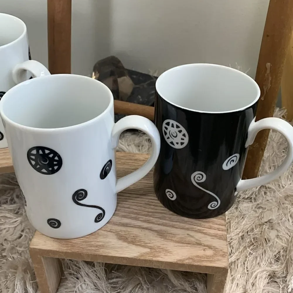 Vintage Pottery Barn Fez Pattern Black and‎ White Swirl Coffee Cups Set Of 6
